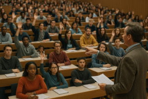 full lecture room with some students raising their hand to mark their attendance