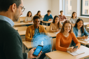 Teacher emitting to track student attendance using a Bluetooth-based technology like Attendance Radar